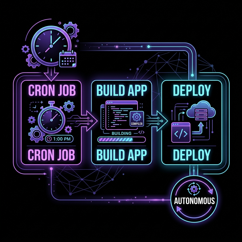 Square illustration showing cron job to build app to deploy autonomously