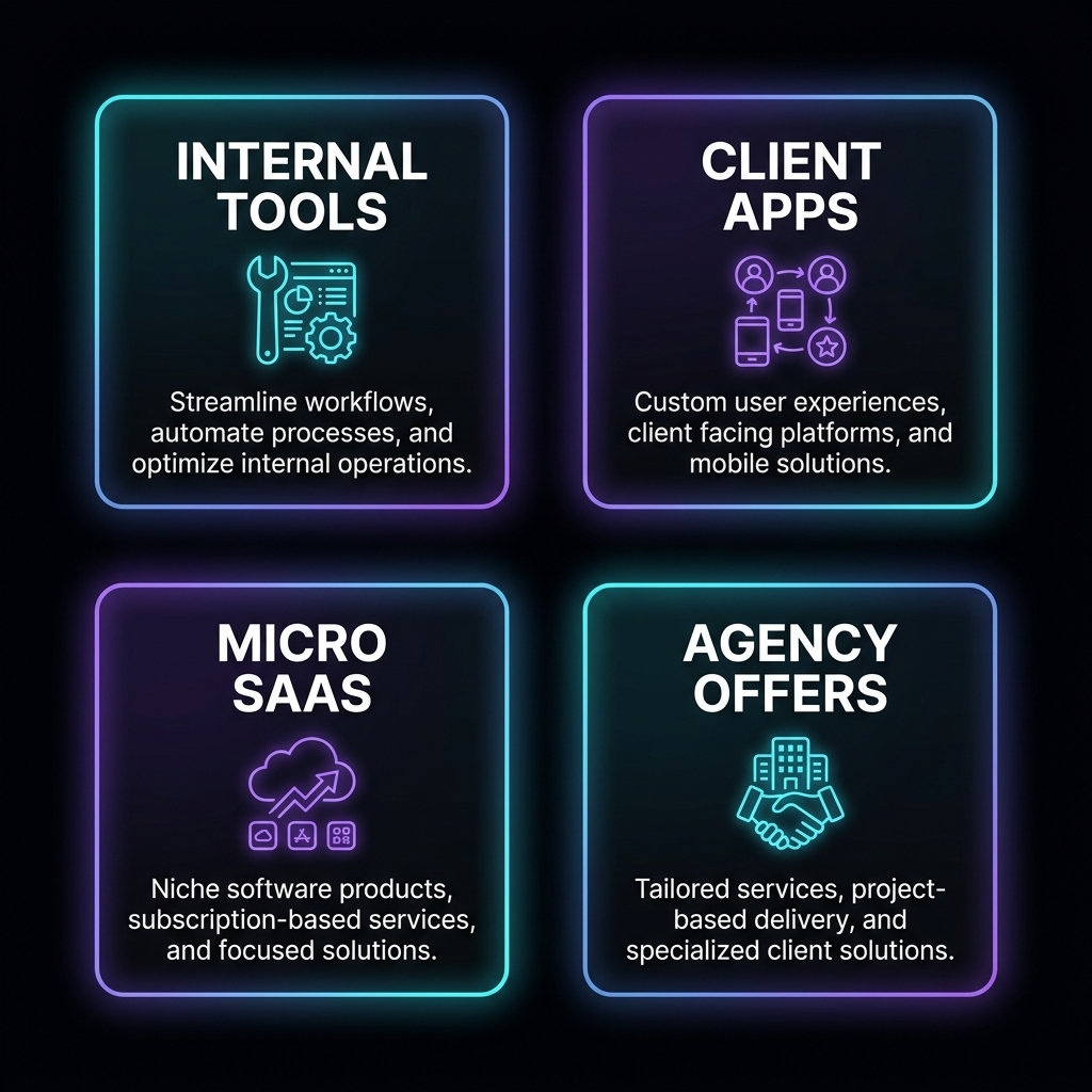 Square illustration showing internal tools, client apps, micro saas, and agency offers