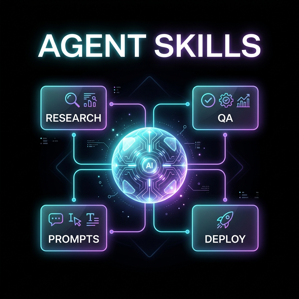 Square illustration showing agent skills like research, QA, prompts, and deploy