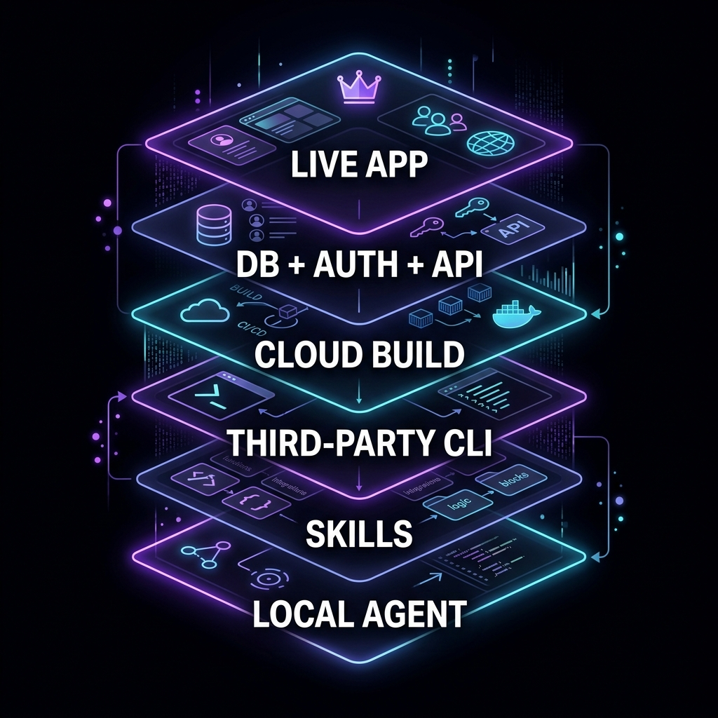 Square tech stack illustration showing local agent, skills, build layer, and live app